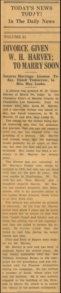 Newspaper Clip on Harvey's Divorce & Remarriage